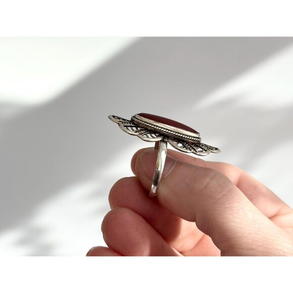 Carnelian Accented Southwest Scalloped 925 Sterling Silver Vintage Ring - sz 8 - Picture 6 of 12